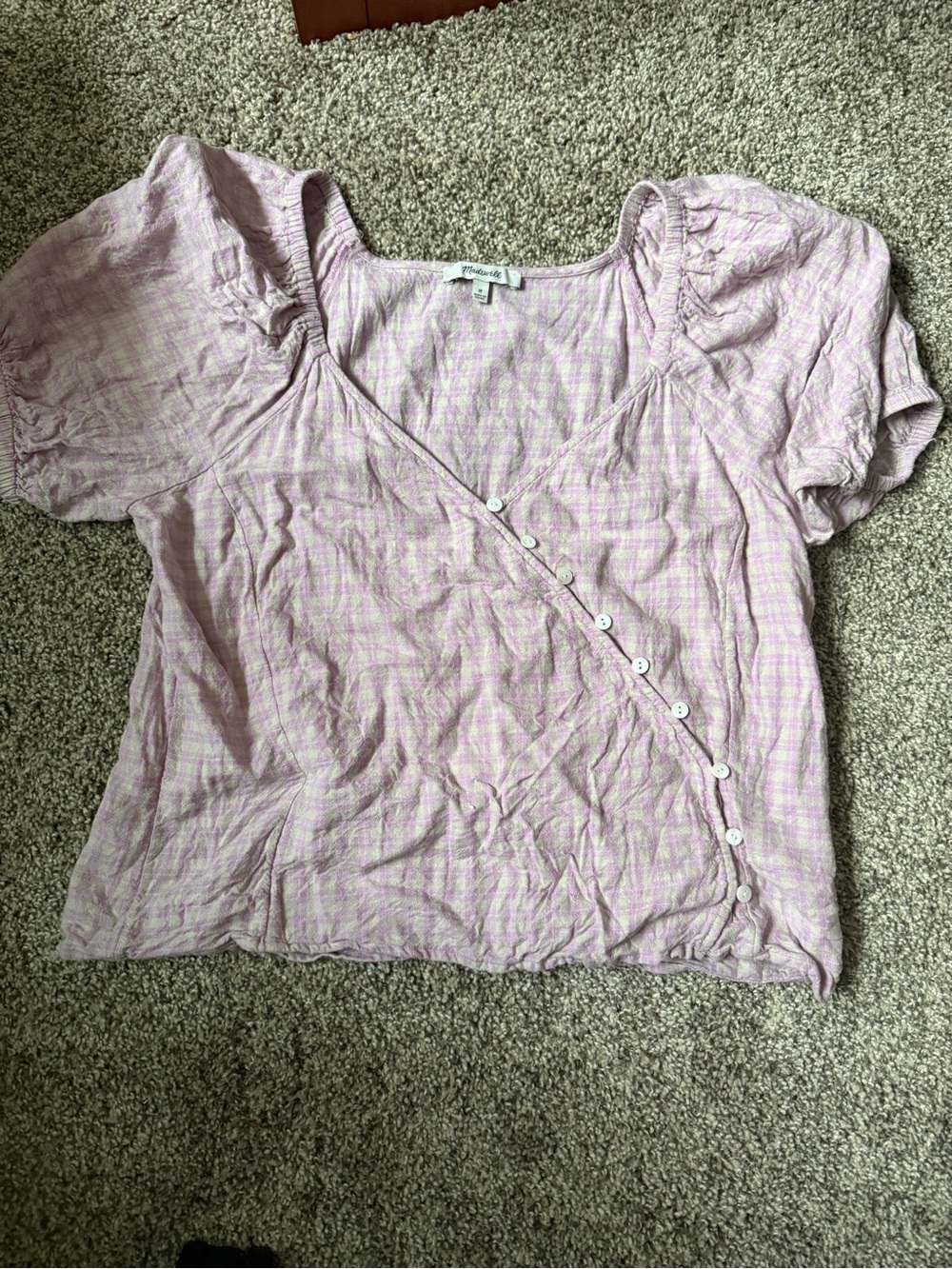 Madewell Lavender Pink Puff-Sleeve Diagonal Button Top - medium